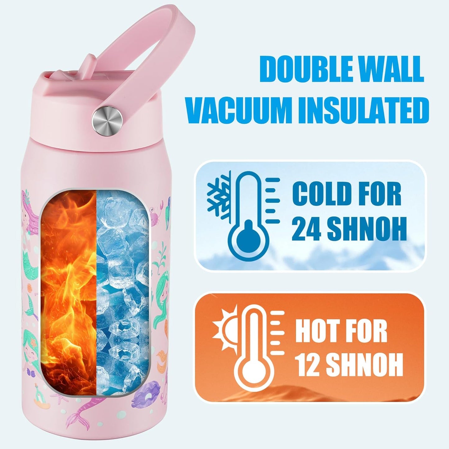 OLDLEY kids Water Bottle - 18oz Insulated Stainless Steel - Wide Straw Lid, Non Spill, Leakproof, Kids Water Bottle for School,Mermaid