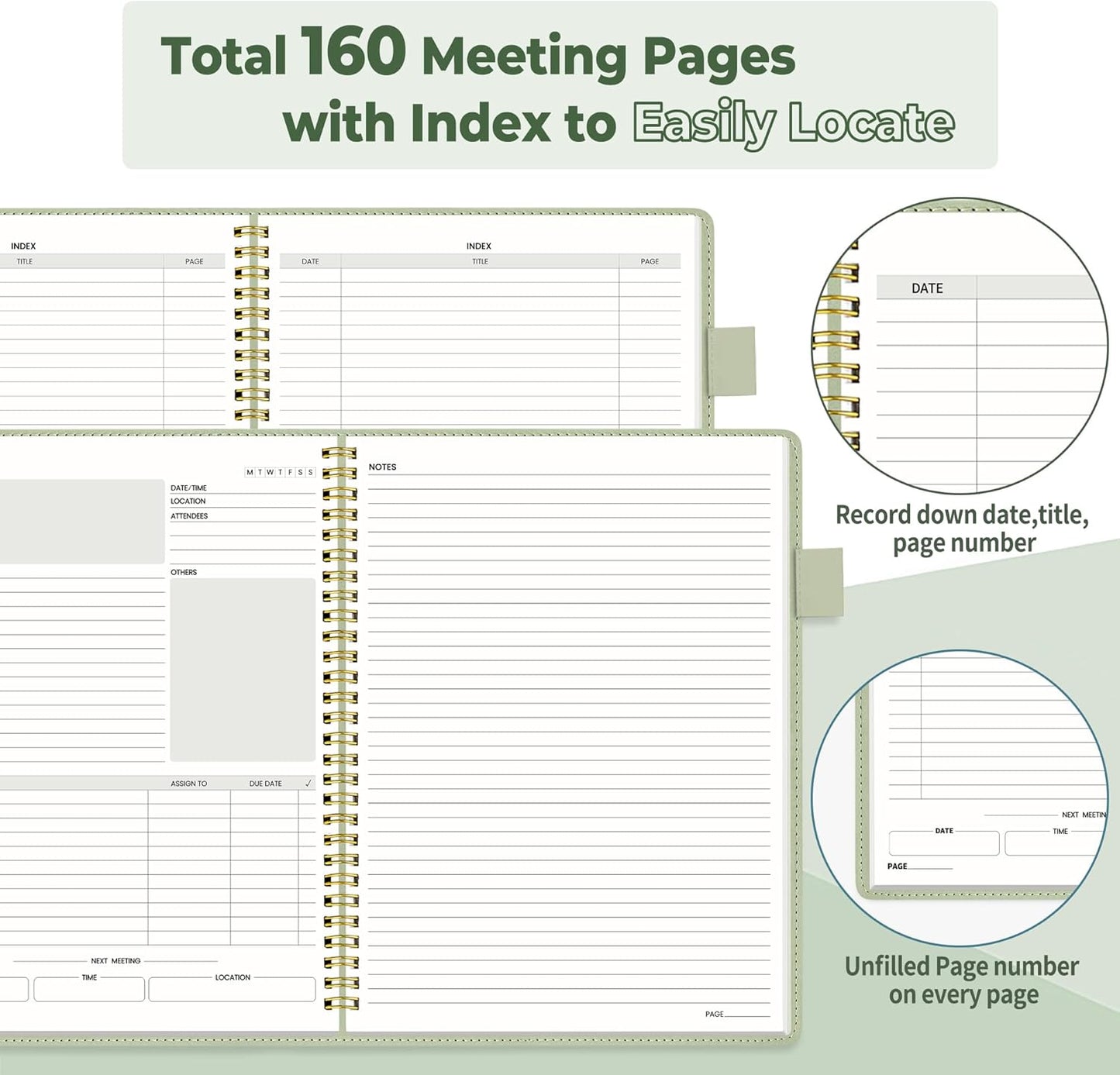 SUNEE Half Meeting Half Note - 7.5"x10" Professional Notebooks for Work - 160 Pages, B5 Size Project Planner, Spiral Meeting Agenda Organizer for Women Men, Note Taking,Office with Vegan Leather Cover