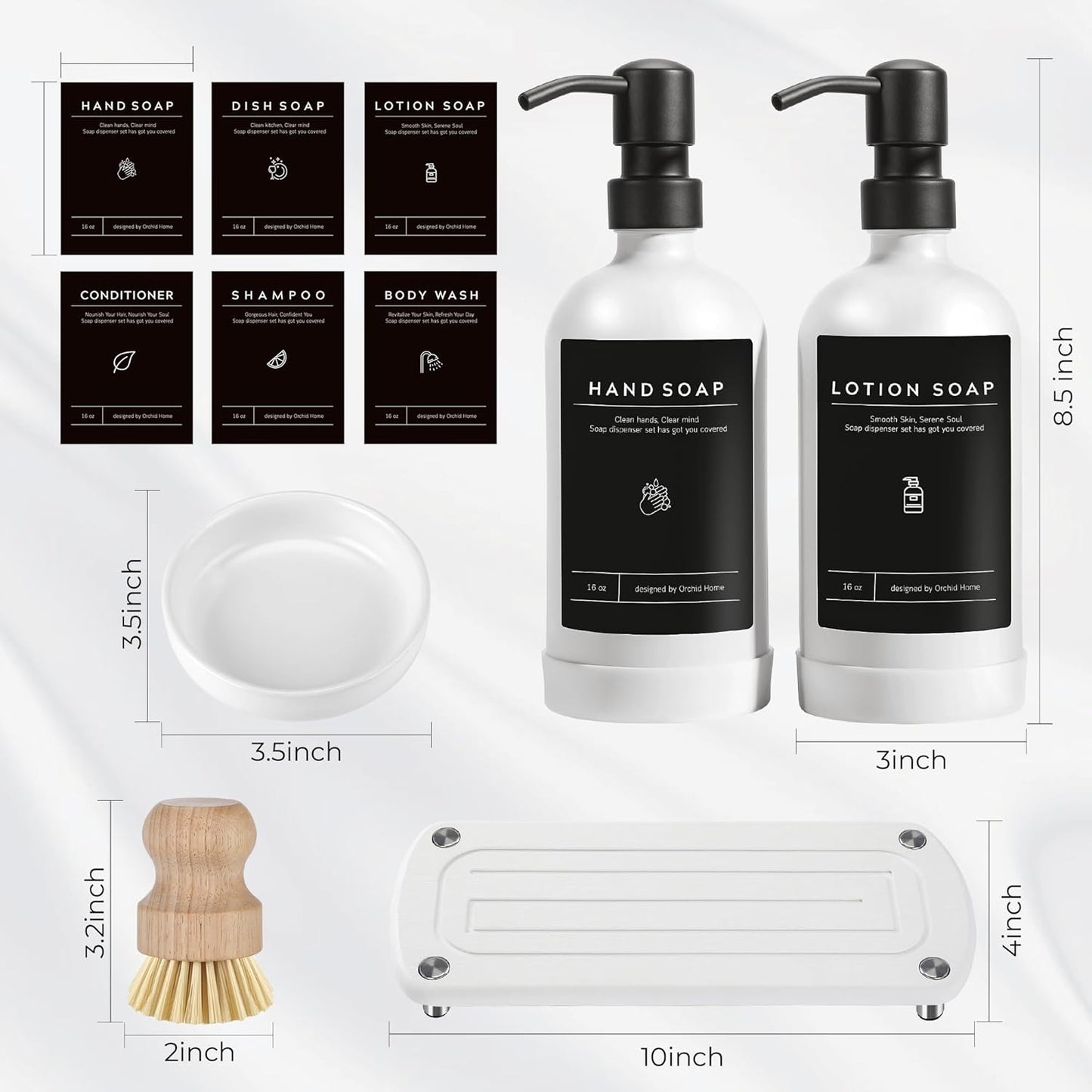 [Luxury] Kitchen Soap Dispenser Set - 16OZ White Glass Bottle, Stainless Steel Pump, Instant Dry Tray, Waterproof Labels, Non-Slip Silicone Pad, and Dish Brush | Upgrade for Your Kitchen and Bathroom