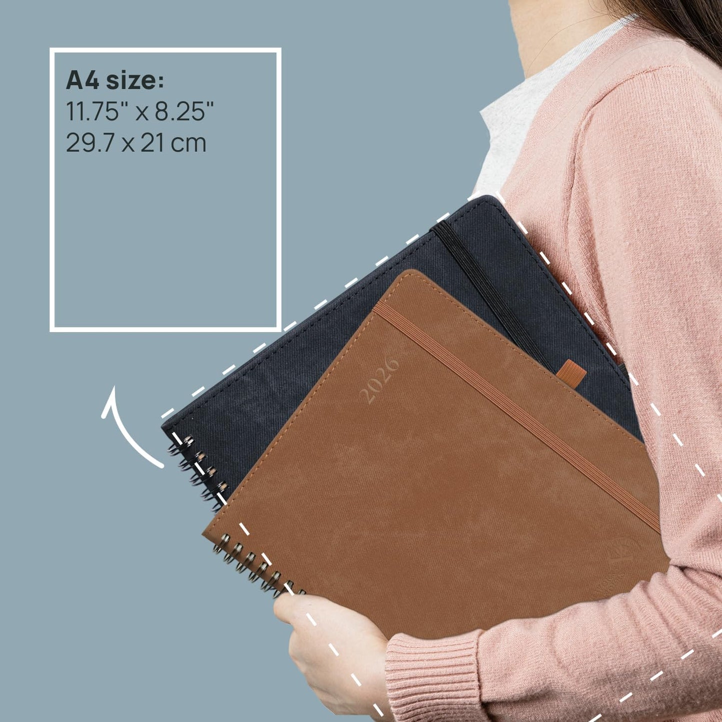 POPRUN 2026 Weekly Planner (A4-8.25'' x 11.75''), Quarter-Hourly Appointment Book (Jan. 2026 to Dec. 2026) with Monthly Tabs, Spiral Softcover, 2 Inner Pockets, Pen Holder - Brown