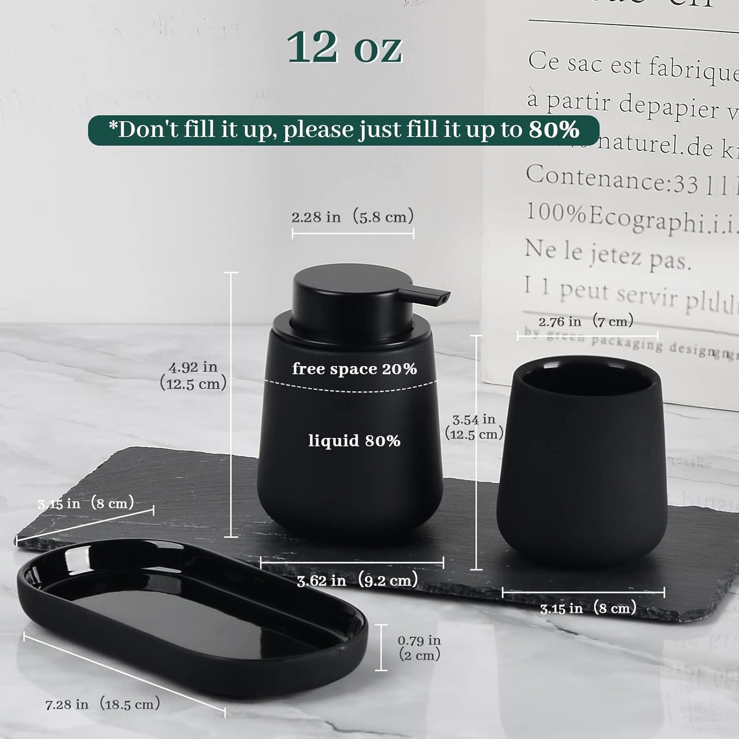 BosilunLife Black Bathroom Accessory Set - 3 pcs Ceramic Bathroom Soap Dispenser Set Farmhouse Bathroom Counter Decor Set Accessories, Soap Dispenser and Toothbrush Holder, Tray (Liquid Pump)