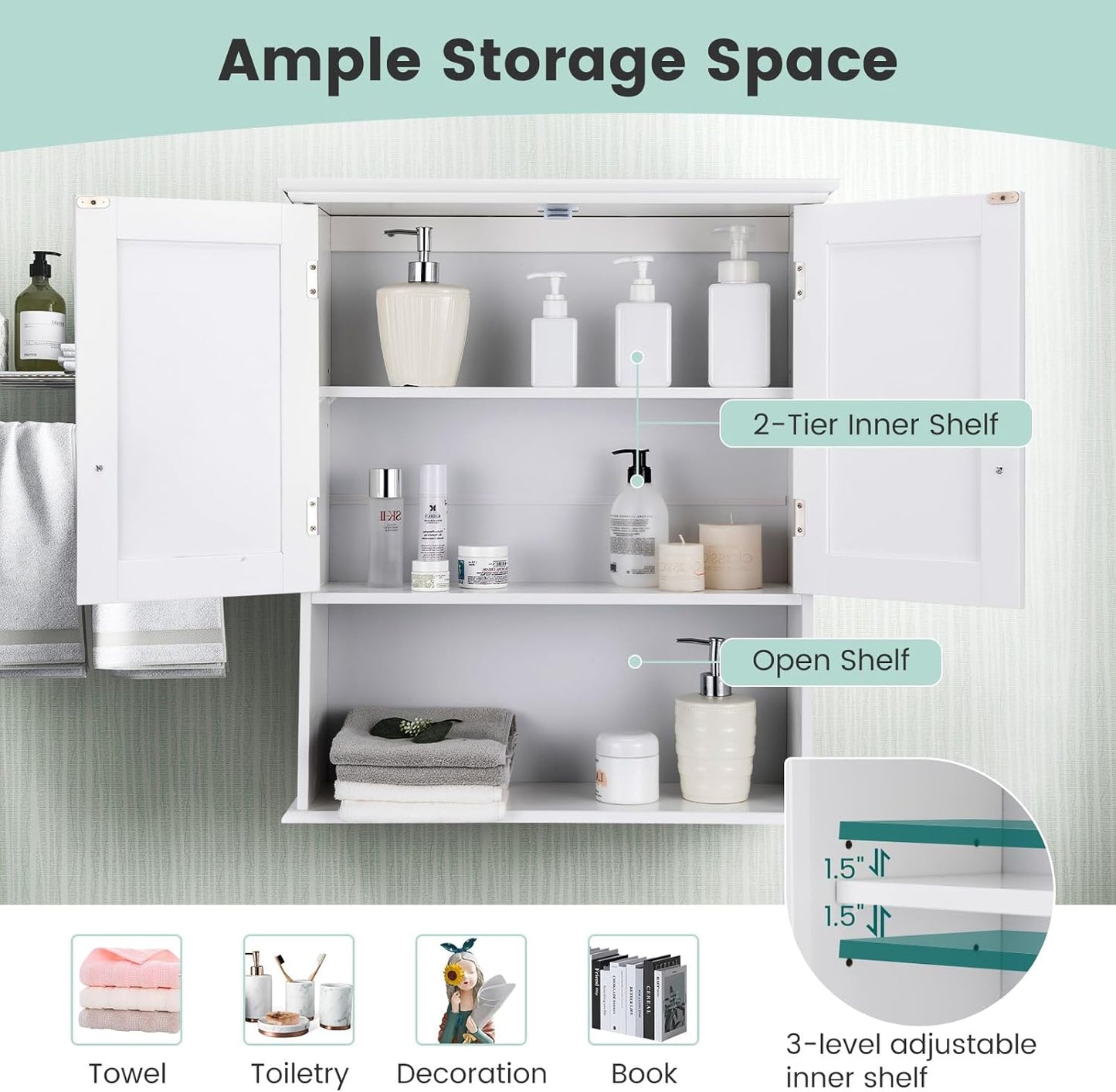 Giantex Medicine Cabinets, Wall Mounted Bathroom Cabinet with Adjustable Shelf, 2-Door, Bathroom Storage Cabinet Over The Toilet, Living Room, Kitchen, Laundry Room, Cupboard (White)