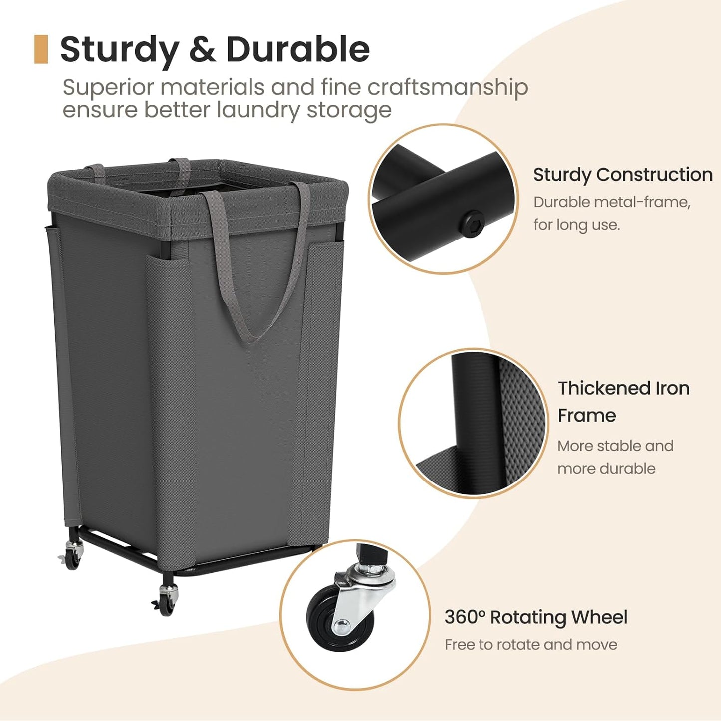 Laundry Basket with Wheels, Large Laundry Hamper with Removable Bag and Steel Frame, 160L Rolling Dirty Clothes Basket for Bedroom, Bathroom, Laundry Room (Gray)