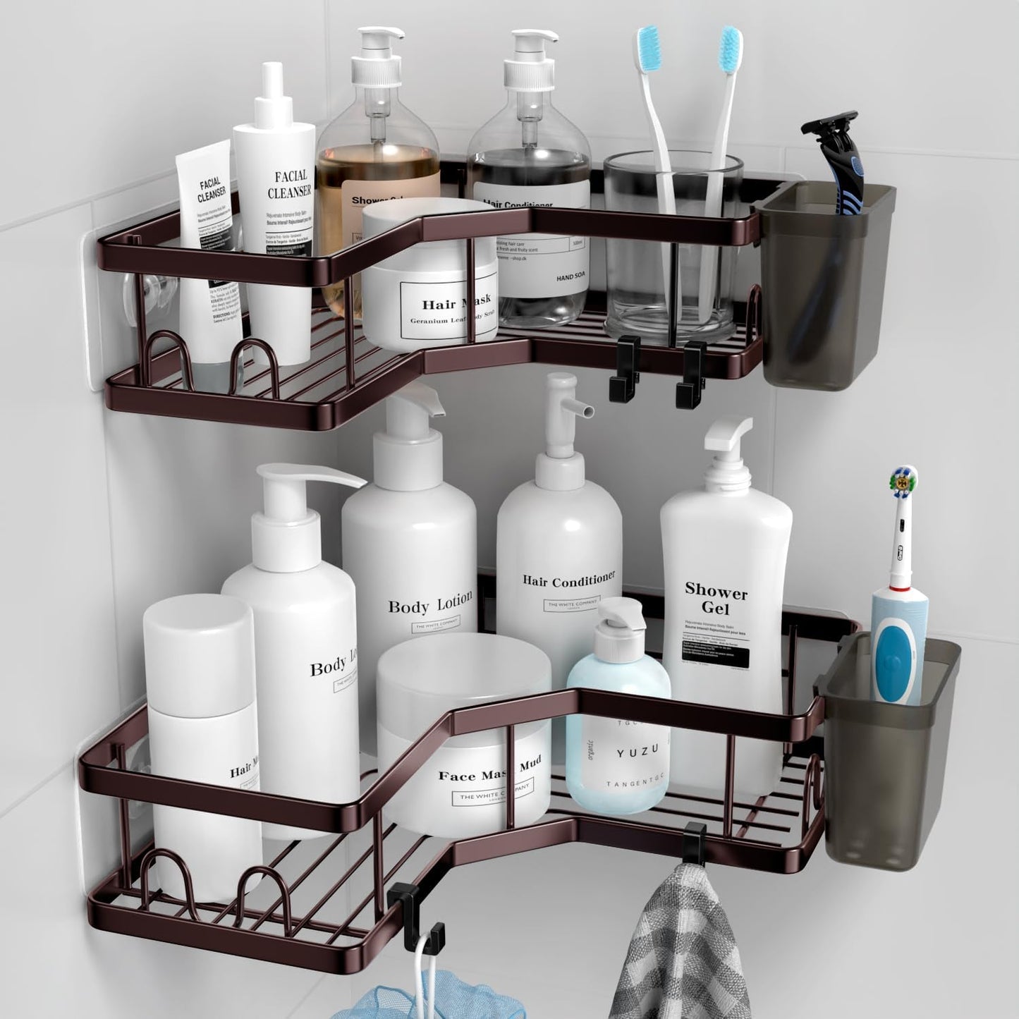 Shower Caddy Corner Organizer: 2Pack Adhesive Shower Shelf Essentials - No Drilling Stainless Steel Bathroom Storage Rack with Hooks and Toothpaste Holder - Shower Accessories