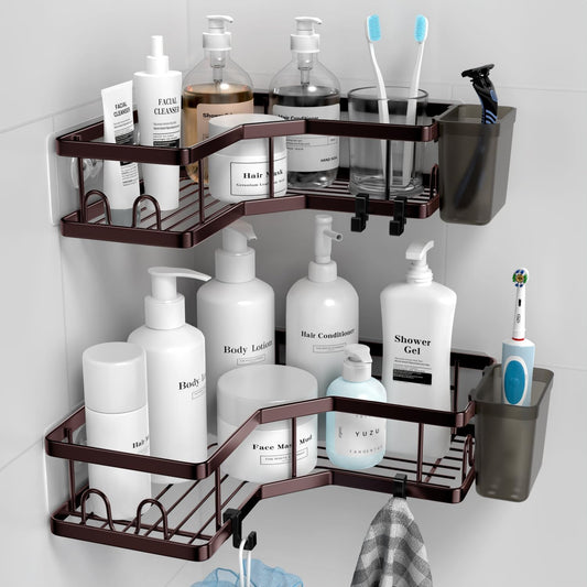 Shower Caddy Corner Organizer: 2Pack Adhesive Shower Shelf Essentials - No Drilling Stainless Steel Bathroom Storage Rack with Hooks and Toothpaste Holder - Shower Accessories