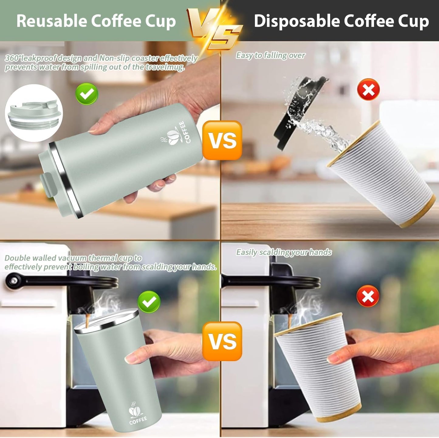 Insulated Travel Coffee Mug Reusable Coffee Tumbler Cup with Flip Lid Leak Proof Spill Proof for Office School Party Camping Hot and Cold Drink,Stainless Steel 17oz (Agave Green)