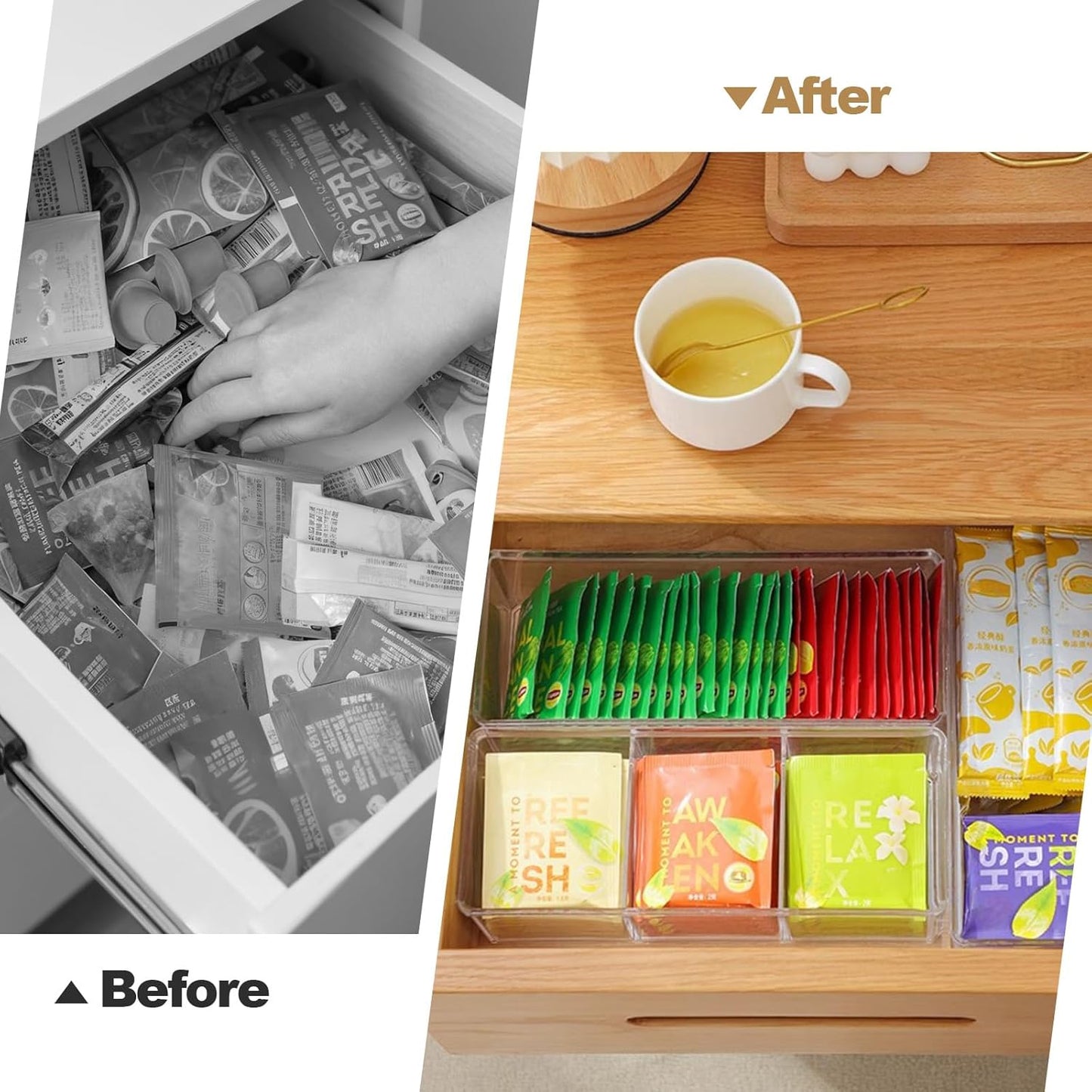 Sugar Packet Holder for Coffee Bar, Plastic Packet And Tea Bag Organizer, 1tier 3-Section And A Rectangular With Lid for Tea Bags Holder for Pantry, Cabinet, Countertop & Coffee Station