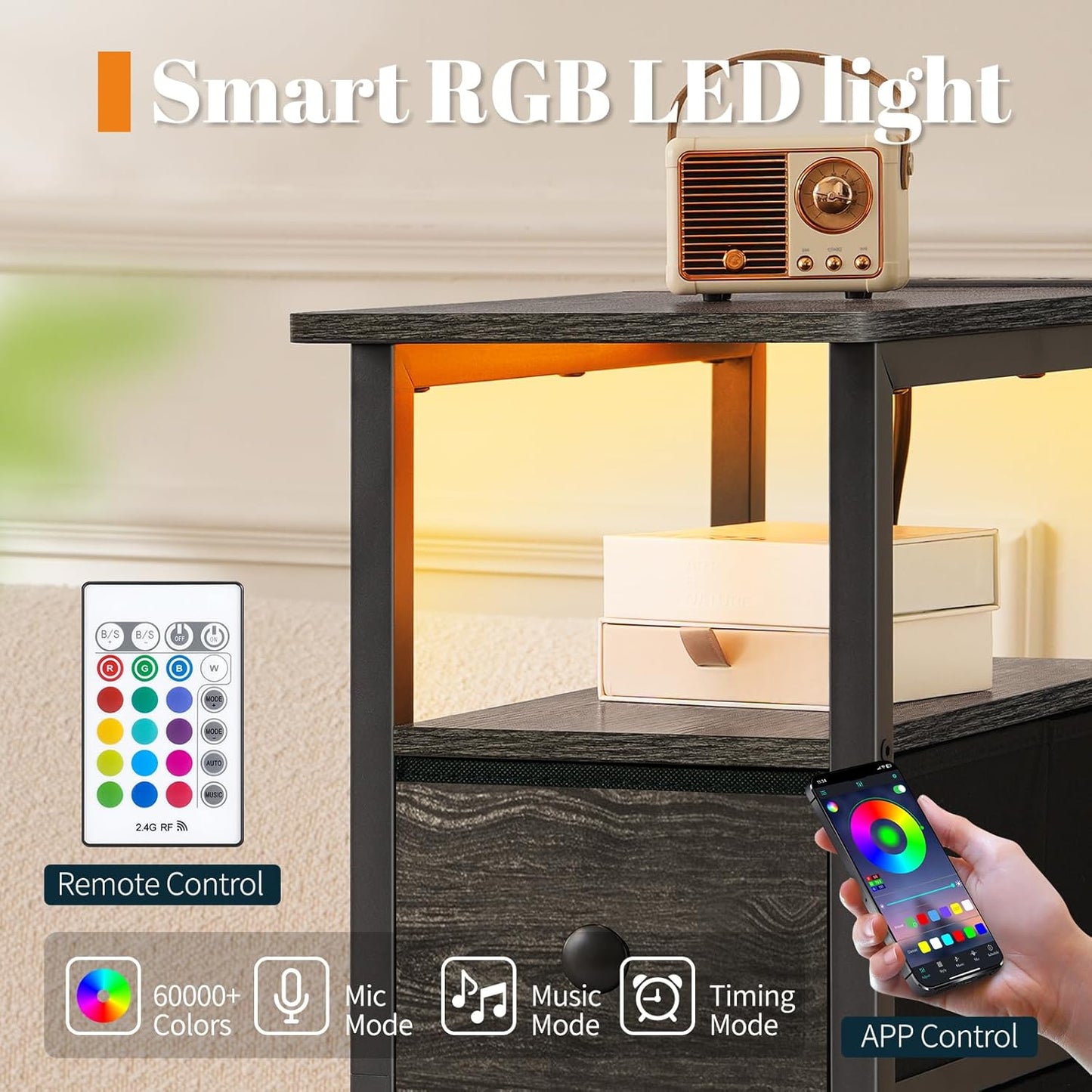 Yoobure LED Narrow Nightstand with Charging Station - Slim Dresser for Bedroom Narrow Side Table Storage Cabinet, Small Dressers Chest of Drawers, Tall Skinny Night Stand End Table for Small Spaces