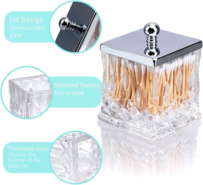 Qtip Holder,15Oz Clear Glass Apothecary Jars with Silver Lids for Bathroom Organization & Desk Storage,Thick Glass Apothecary Jars for Q-Tips,Cotton Rounds,Jewelry,Candy,Square