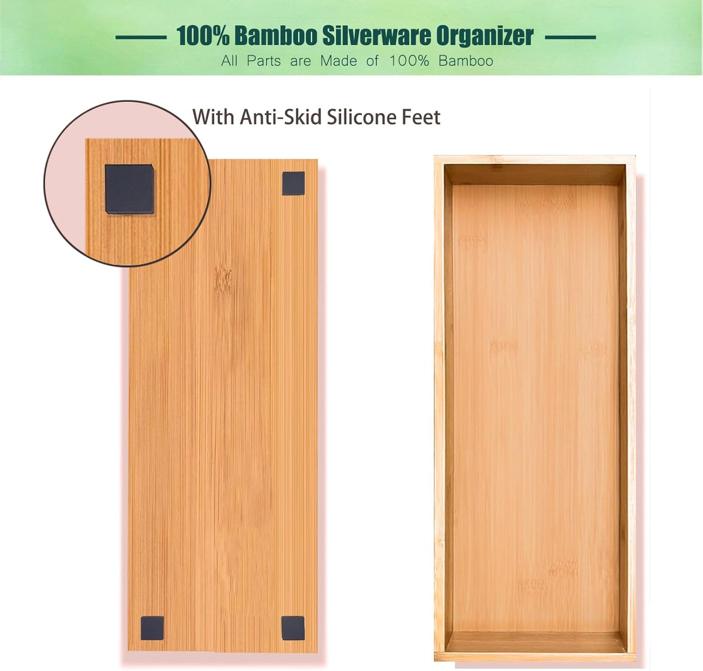 Bamboo Drawer Organizer, Utensil Organizer for Kitchen, Bamboo Storage Box Wood Silverware Tray for Drawer Set of 2