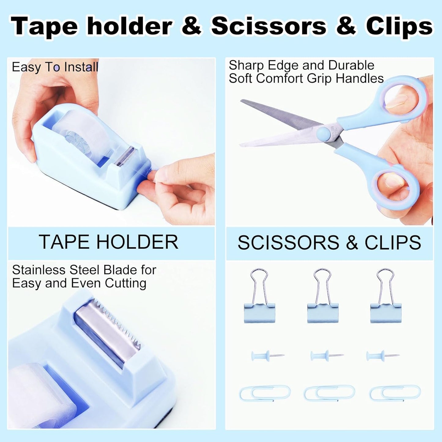 Desk Organizers and Accessories Set with 360-Degree Rotating Pen Holder, Tape Dispenser, Stapler, Staple Remover, 1000 Staples, Tape, Clips Set, Ruler, Scissor, Pen