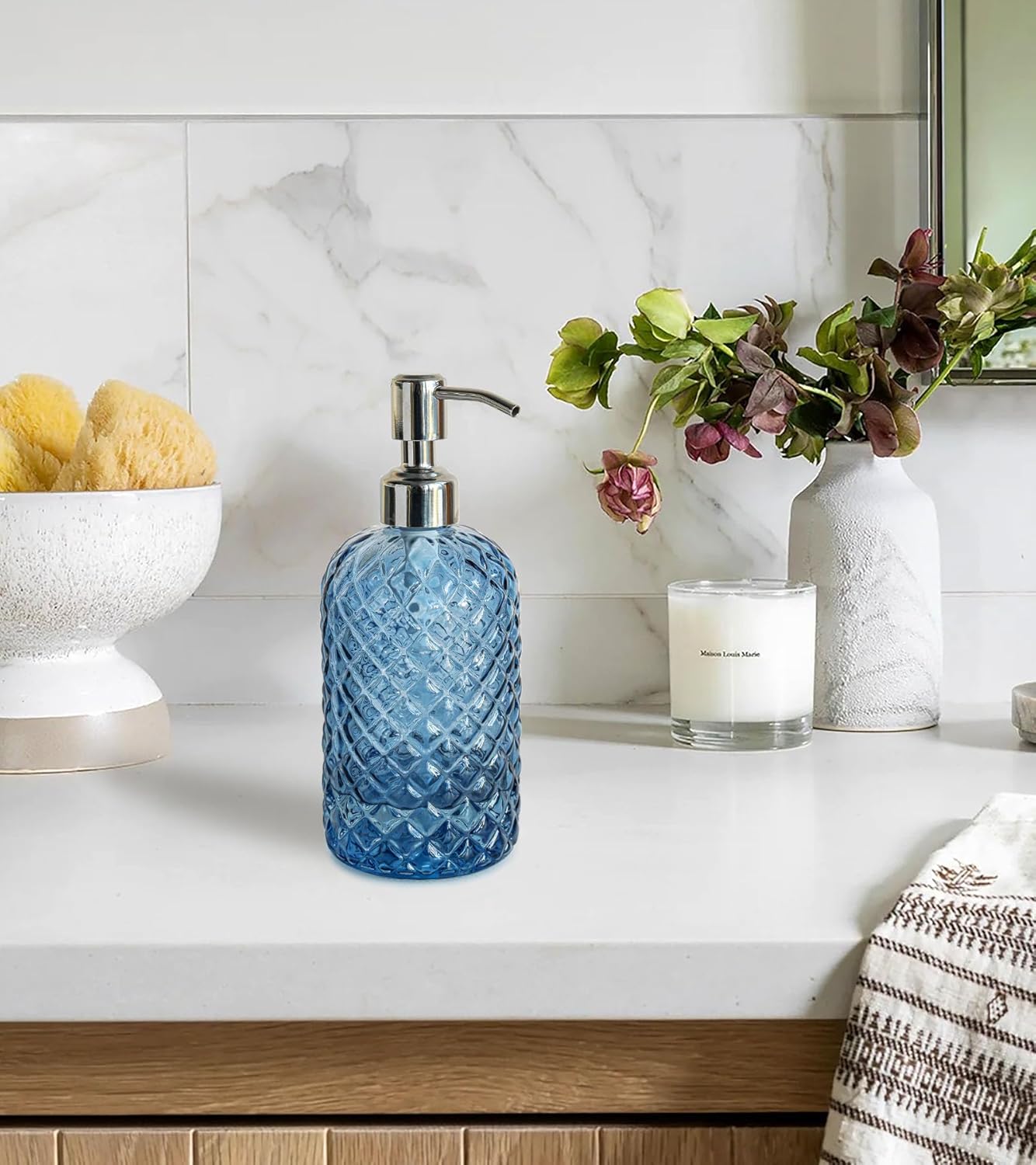 JASAI 18Oz Gem Patterned Glass Soap Dispenser for Kitchen, Refillable Hand soap Dispenser with Rust Proof Stainless Steel Pump, Clear Soap Dispenser Bathroom for Dish Soap, Hand soap, Lotion(Blue)