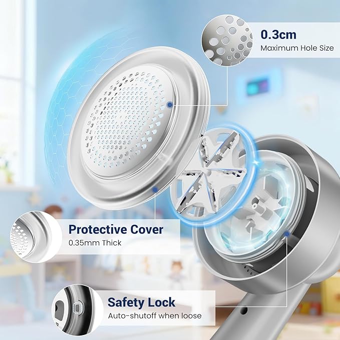 DBC Fabric Shaver, Lint Remover for Clothes with 3-Speeds and 6-Leaf Blades, 2hours runtime, 2 Replaceable Blades, Battery Operated, Sweater Shavers to Remove Pilling for Clothing, Lint Ball - Grey