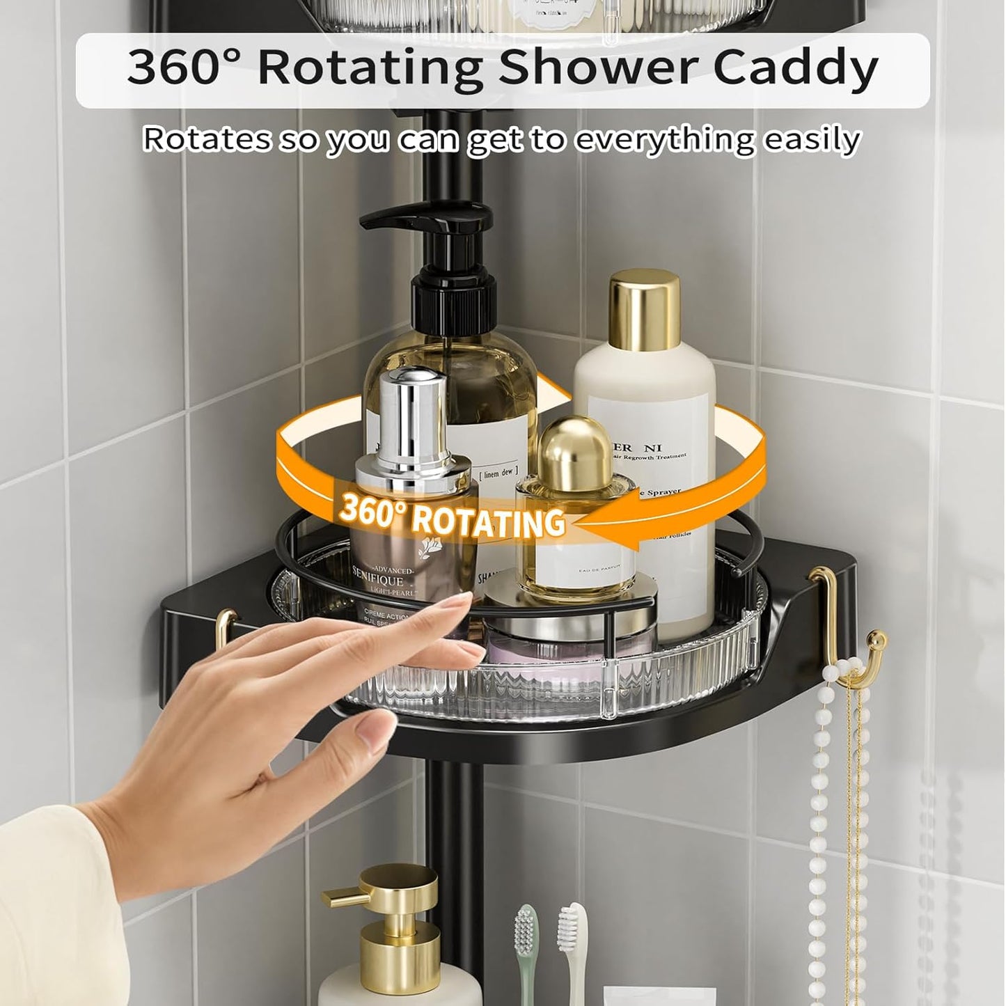 360° Rotating Corner Shower Caddy Tension Pole Organizer - 4-Tier Adjustable Rustproof Metal Pole, Plastic Shelves with Safety Guardrail, Bathroom Storage for Shower & Bathtub(Black)