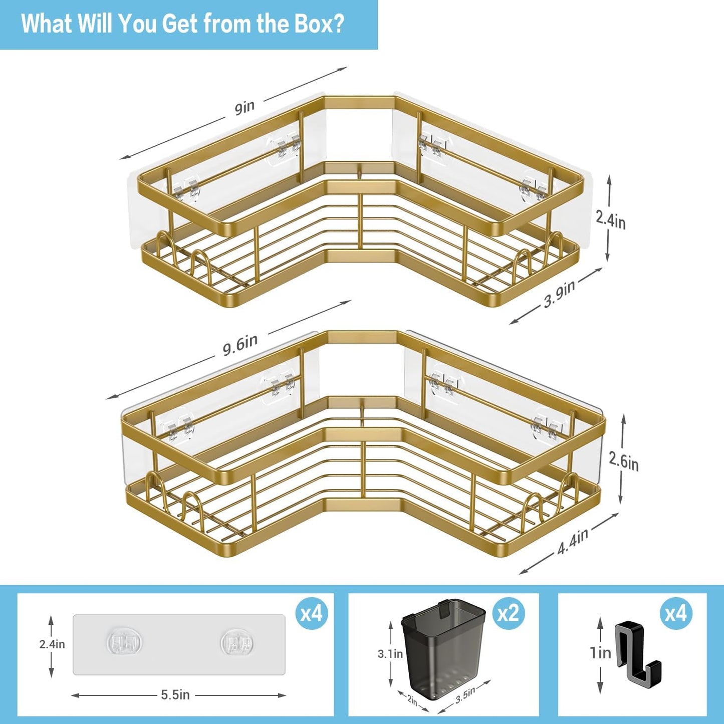 Corner Shower Caddy Organizer Shelf: 2Pack Adhesive Shower Rack, No Drilling Stainless Steel Shower Storage Shelves with Hooks&Toothpaste Holder for Bathroom Kitchen