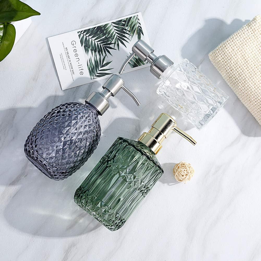 Soap Dispenser with Stainless Steel Pump, Clear Crystal Design, Vintage and Elegant, Refillable Liquid Hand Soap Dish Soap Dispensers for Bathroom Counter, Kitchen Sink (Style2)
