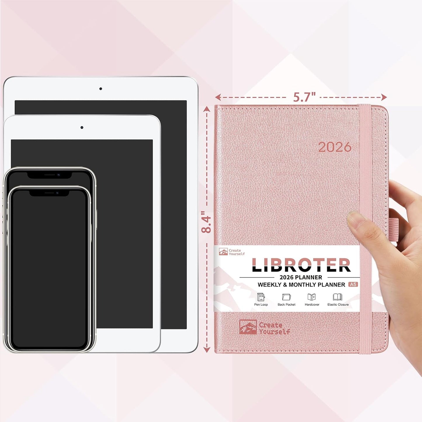 2026 Planner - Planner 2026, 2026 Weekly Monthly Planner, Jan.2026 - Dec.2026, 5.7'' x 8.4'', Thick Paper, Leather Cover, Pen Holder, Back Pocket, Bookmarks, Perfect Daily Organizer - Rose Gold