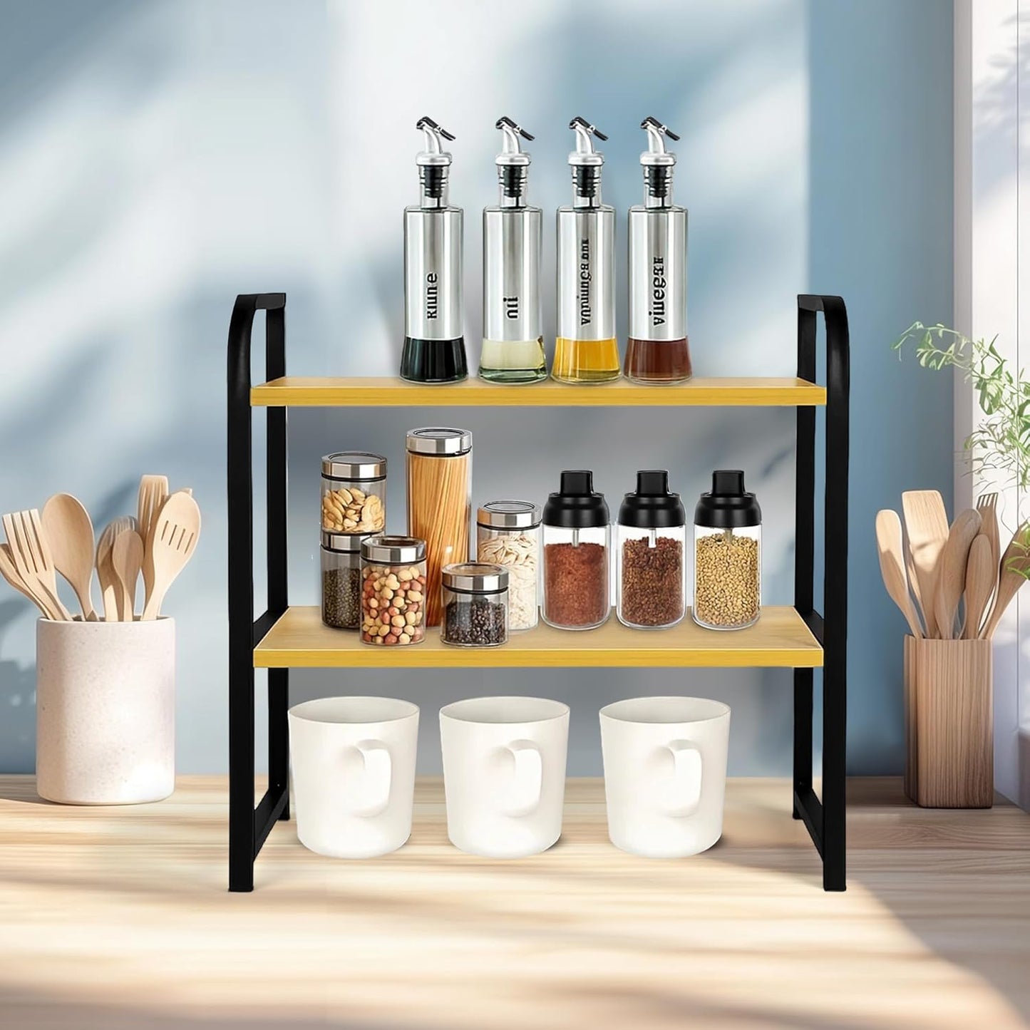 Desktop Shelf Organizer, 2-Tier Office Desk Shelf for Top of Desk, Wood & Metal Bookshelf Supplies Storage Rack (Black&Walnut)