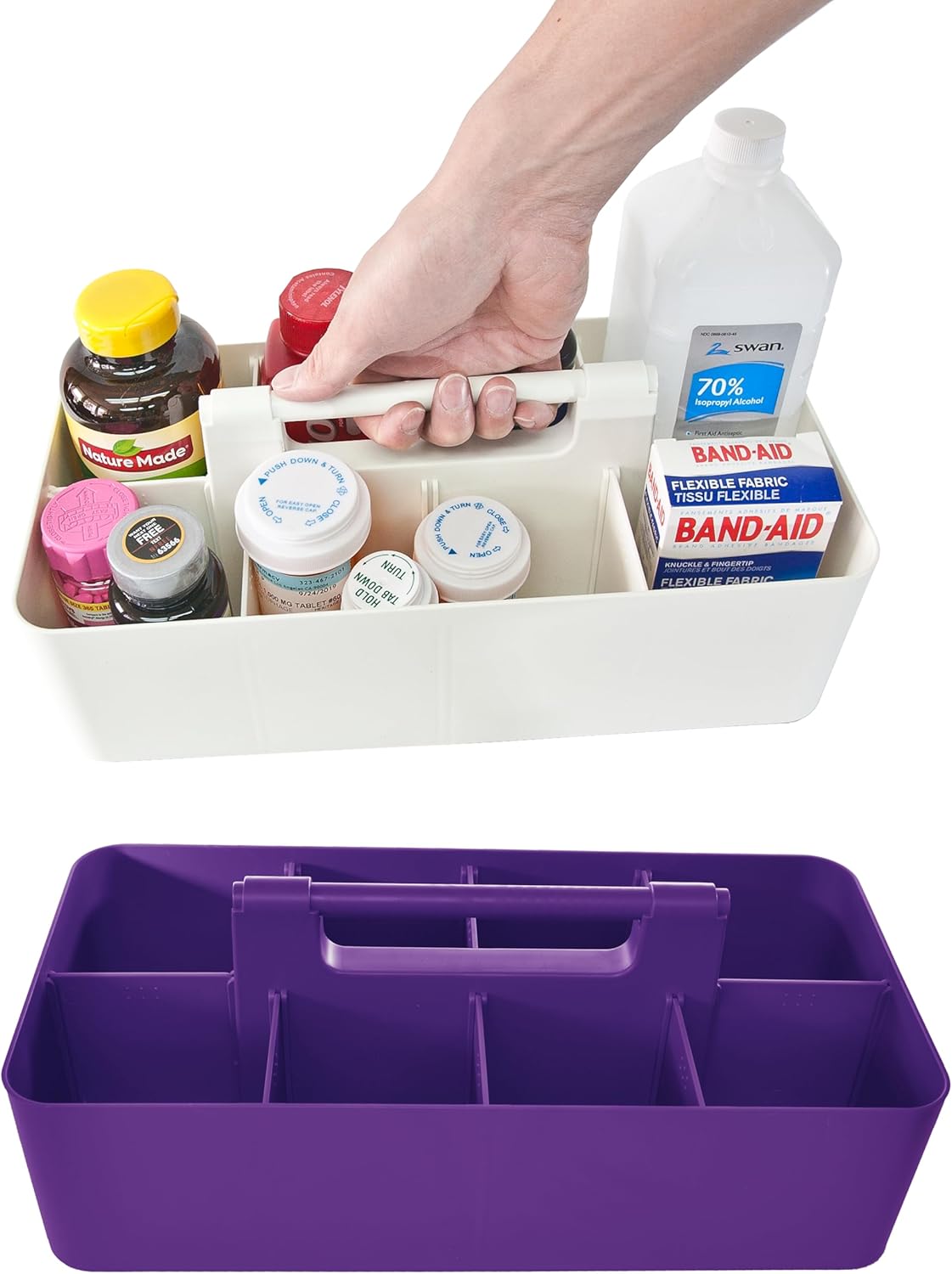 Portable Caddy Organizer -2 Stackable Plastic Caddy with Handle | Desk, Makeup, Dorm Caddy, Classroom Art Organizers (Made In Usa) (Ivory/Royal Purple)