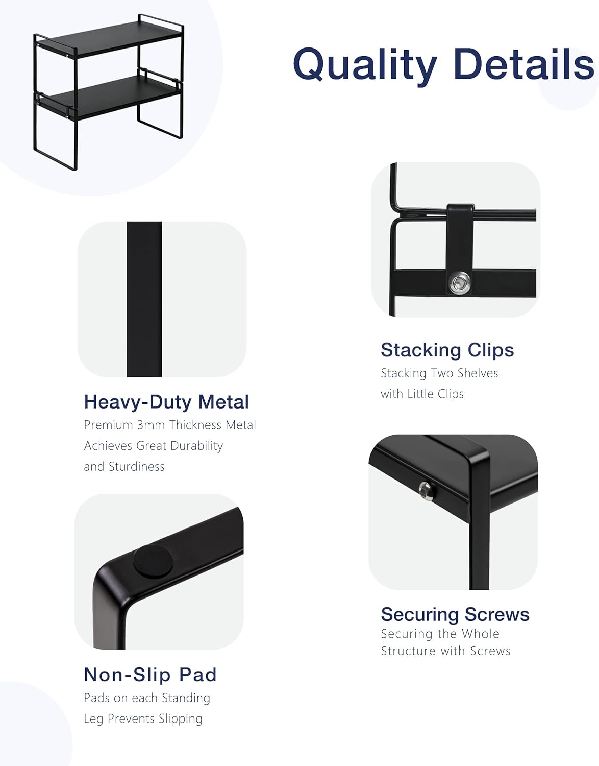 Nxconsu 2Pack Cabinet Shelves Stackable Shelf Organizer Rack Riser for Kitchen Cabinet Pantry Cupboard Counter Countertop Home Organization Storage Space Saver Heavy Duty Metal Nonslip Black