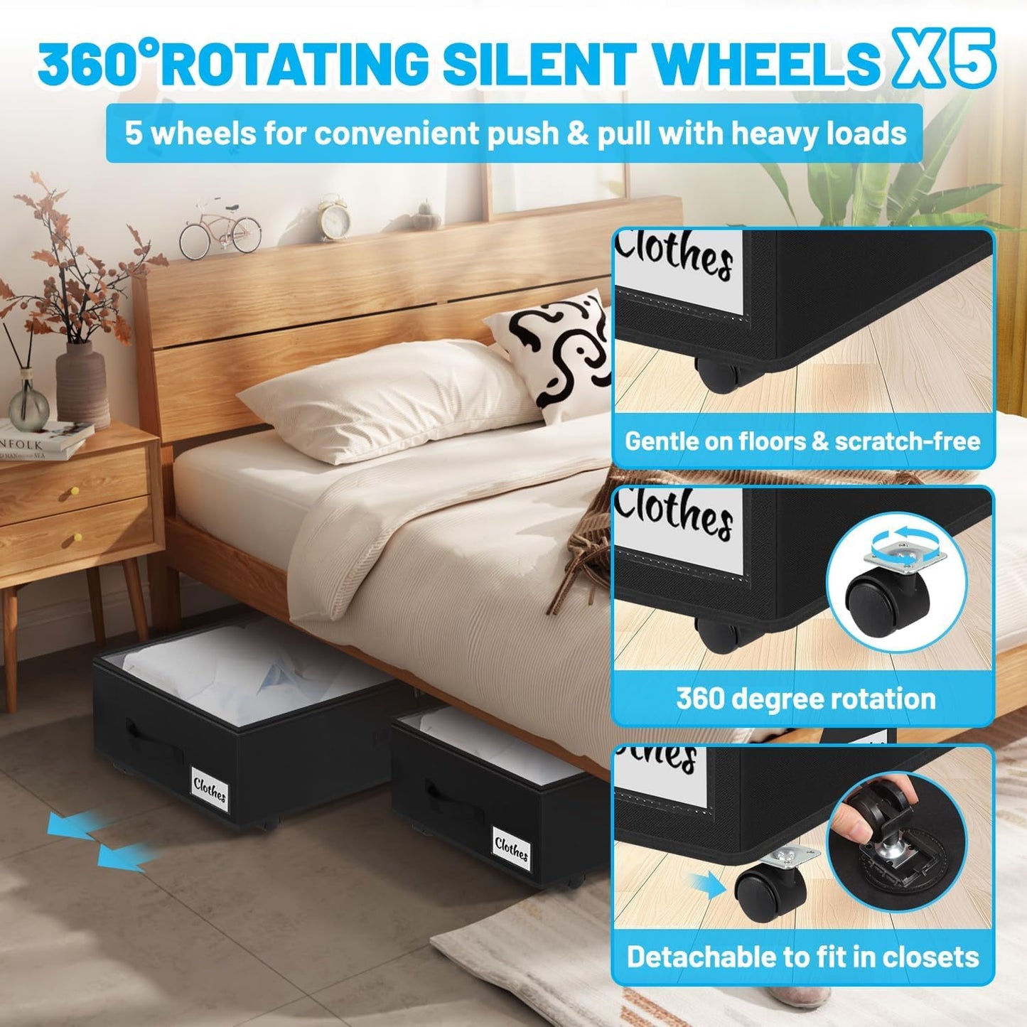 2 Pack Under Bed Storage with Wheels 6.7" Height, Rolling Storage Bins XL 50L, Underbed Shoe Storage Containers with Label & Clear Lid, Dorm Under bed Drawers for Clothes, Shoes, Quick Assembly, Black