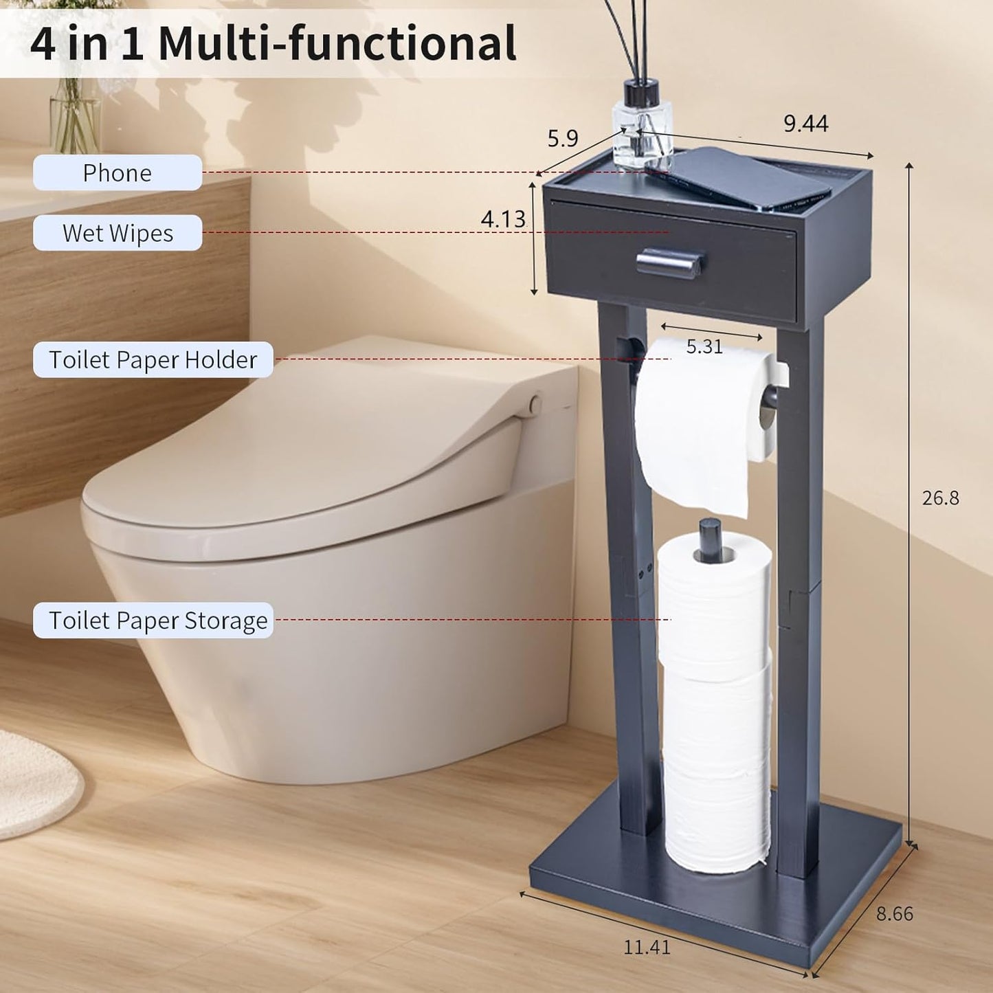 Freestanding Toilet Paper Holder Stand with Shelf, Matte Black Wooden Toilet Paper Roll Holder with Wet Wipes Storage Drawer,Bathroom