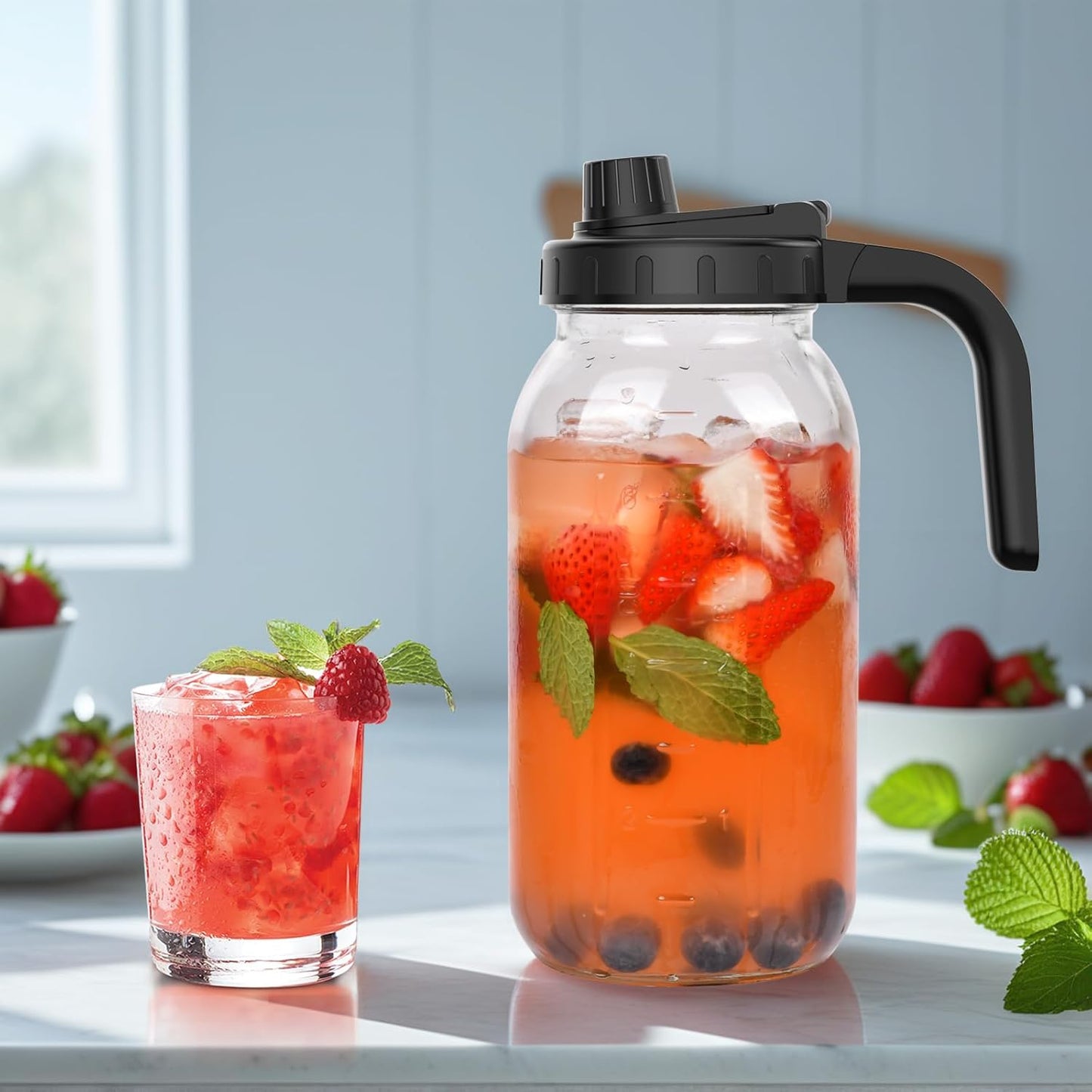 2-Pack 64oz Glass Mason Jar Pitchers with Wide Mouth & Measurement Marks – Leak-Proof Twist Lids for Cold Brew, Iced Tea, Juice, Lemonade