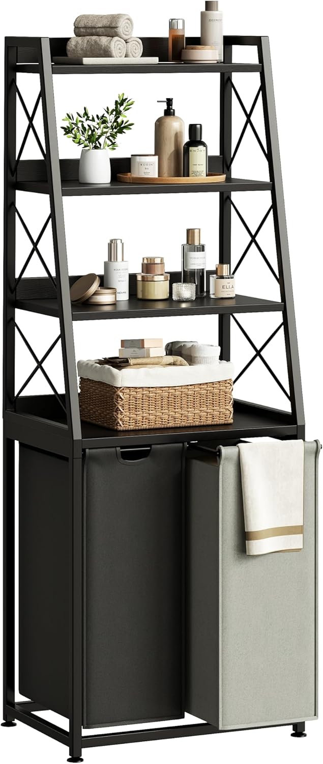 Laundry Basket, 2 Section Laundry Hamper with 4 Tiers Shelf, Pull-Out and Removable Laundry Bags, Large 2 x 15.87 Gallons, for Bedroom Bathroom Black PF11XLK