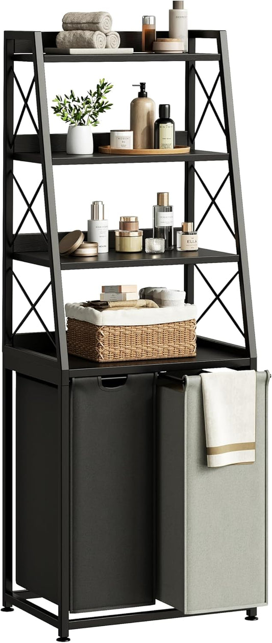 Laundry Basket, 2 Section Laundry Hamper with 4 Tiers Shelf, Pull-Out and Removable Laundry Bags, Large 2 x 15.87 Gallons, for Bedroom Bathroom Black PF11XLK