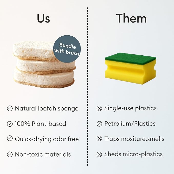 Vove Cleaning Duo, Bamboo Dish Brush Set and Natural Dish Sponges, FSC-Certified Bamboo, Sisal, Loofah, Cellulose, Plastic-Free, Eco-Friendly Zero-Waste Kitchen Dish Scrubber Set