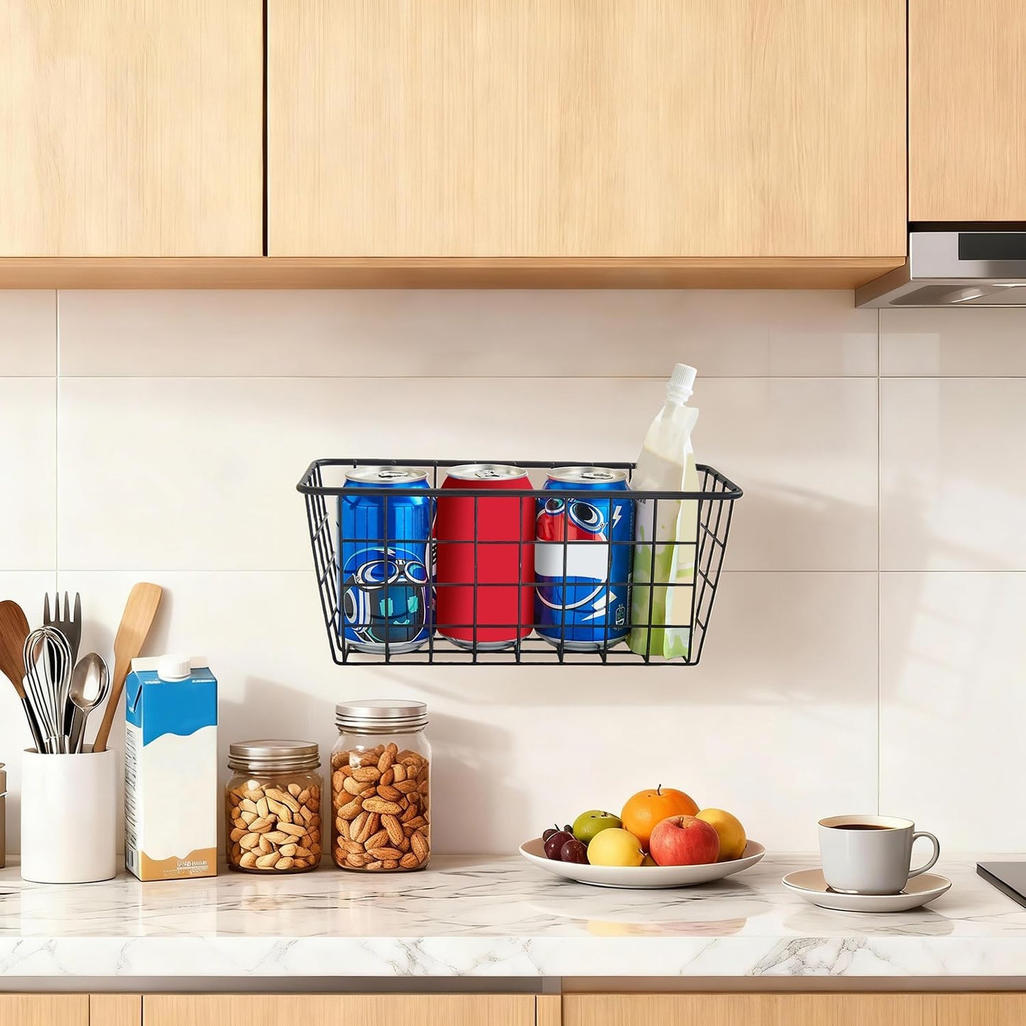 2 Set Adhesive Hanging Wall Basket Inside Cabinet Door Organizer,Wall StorageBasket-No Drilling Adhesive wall Basket for Cupboard Door, Space-Saving Small Hanging Baskets for Wall Mount Storage,Black