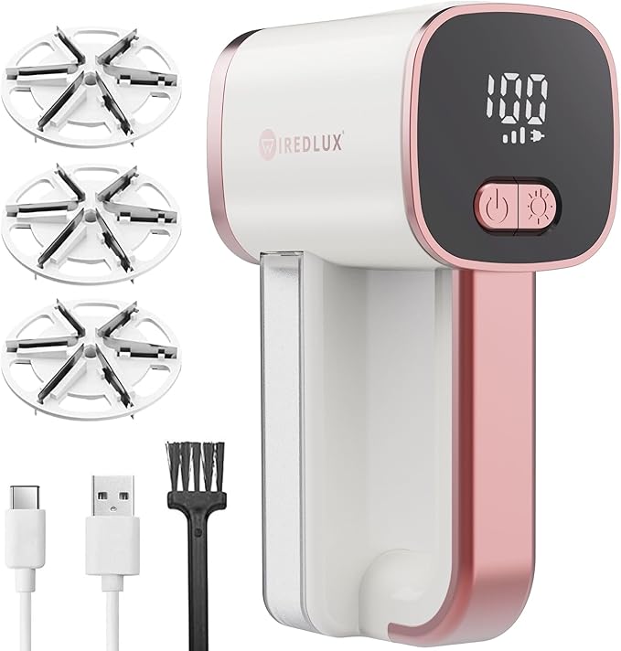Electric Lint Remover - Rechargeable Fabric Shaver for Clothes & Couch - Adjustable 3-Speed, 6-Leaf Blade, LED Light, USB Charging - Depiller with Dual Protection (Moostone/Rose Quartz)