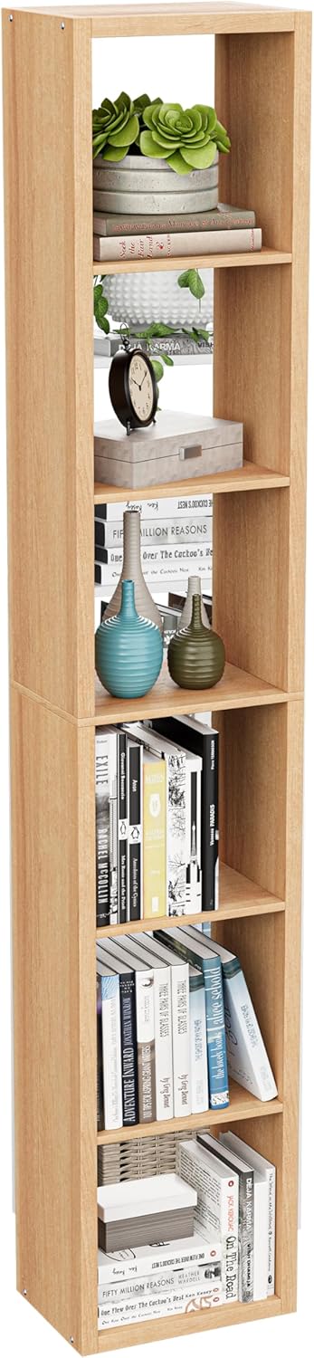 Tall Cube Storage Organizer Bookcase, 6 Tier 11 inch Open Back Cubical Shelf with Thickened Border, Display Bookshelf for Living Room, Home Office, Sturdy Room (Natural Oak, 6 Cube,Vertical)