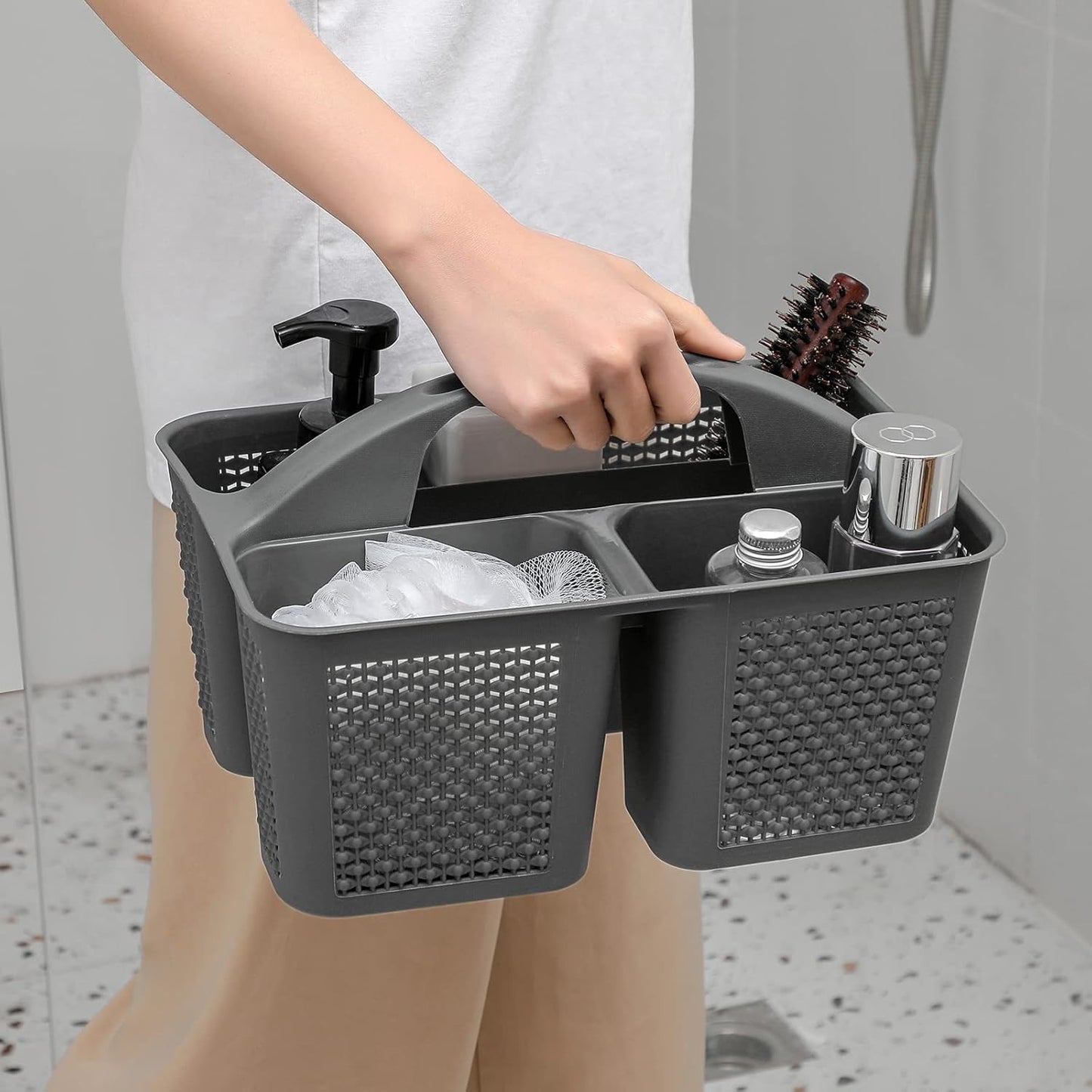 UUJOLY Plastic Portable Shower Caddy Bucket, Cleaning Shower Basket with Handle Compartments Storage Organizer for Bathroom Kitchen College Dorm Sink, Dark Grey