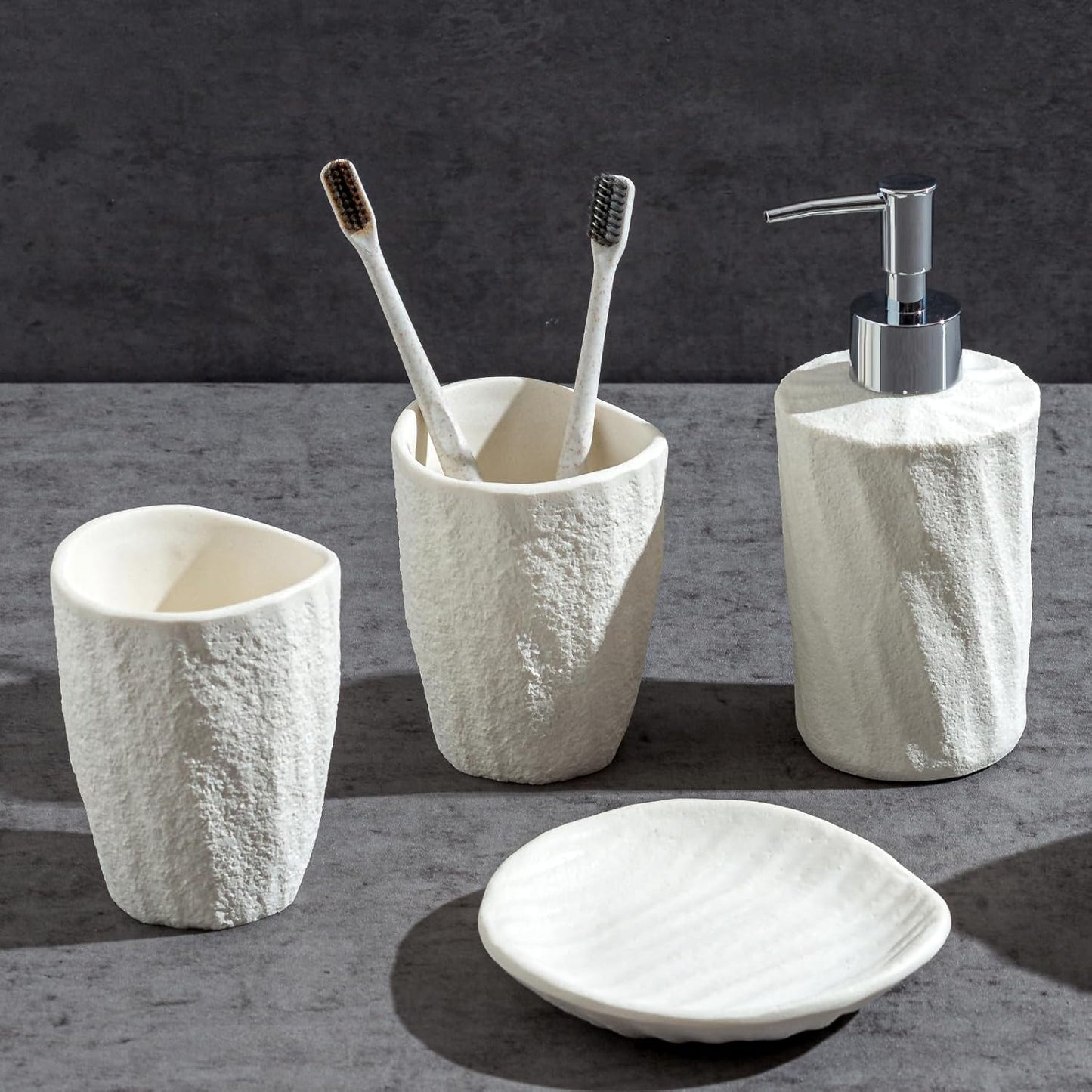 Bathroom Accessories Set, 4 PCS Modern Stone Look Bathroom Accessory Set with Hand Soap Dispenser 11.5 OZ, Tumblers, Toothbrush Holder, Bar Soap Dish Holder Saver (White)
