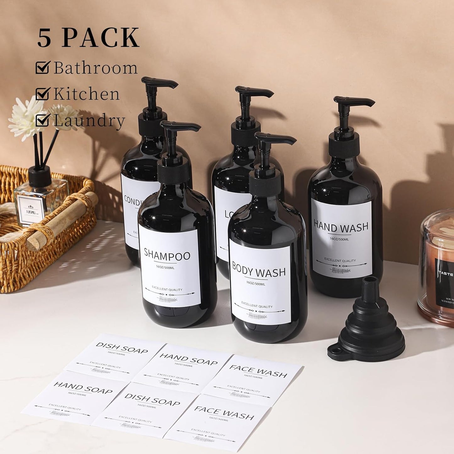 Stylish Shampoo Dispenser Bottles,(5Pack)16.9oz Black Shampoo Bottles Refillable with Pump,Shampoo and Conditioner Dispenser