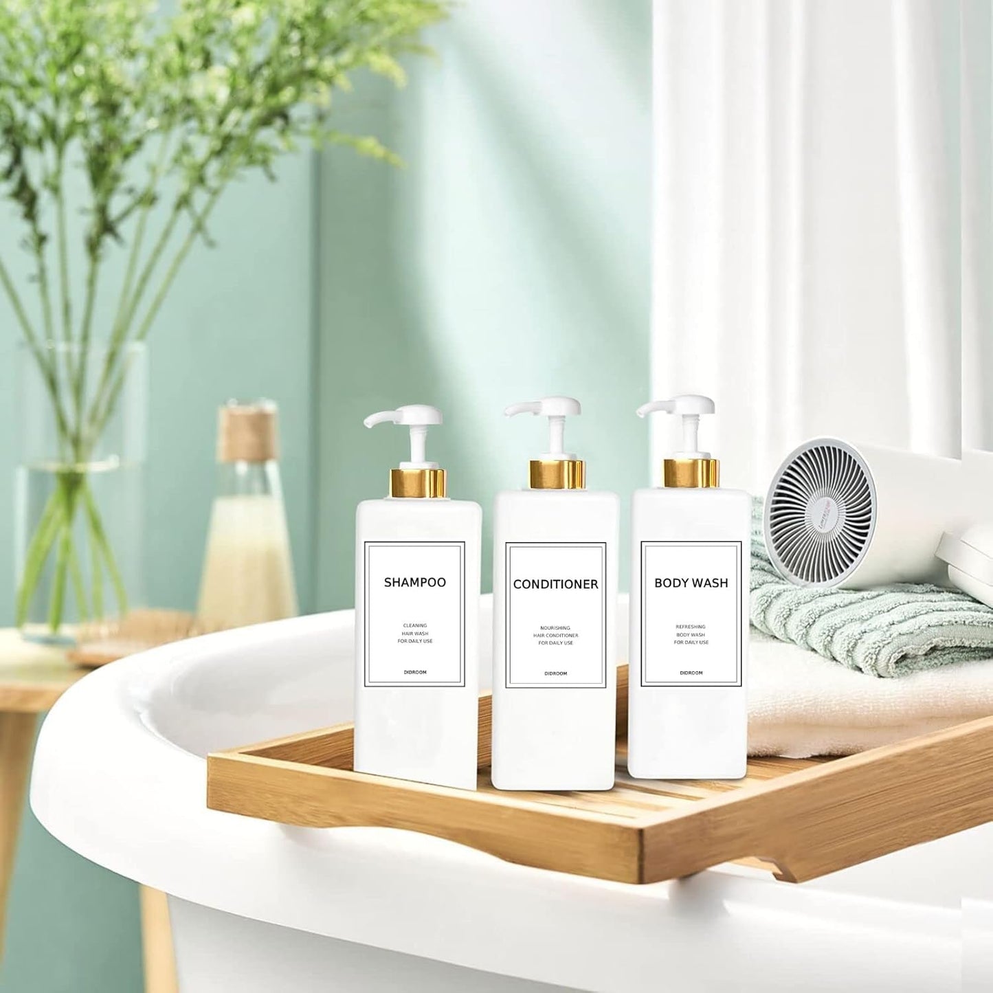 DIDROOM Modern Gold Shampoo and Conditioner Dispenser (21 oz,Pack of 3) Refillable Pump Bottle Set Empty Shower Plastic Bottles with for Bathroom Body Wash Soap Shower,3 Types Labels,Gold&white