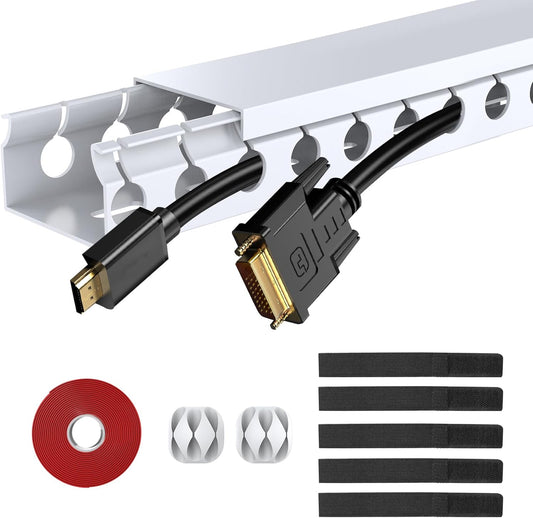Updated White Cable Raceway Kit, 31(2x15.5 inch Open Slot Wire Covers for Cords, Cable Management System to Hide Under Desk/TV/Computer/Net/Power Cords (Pack 2)