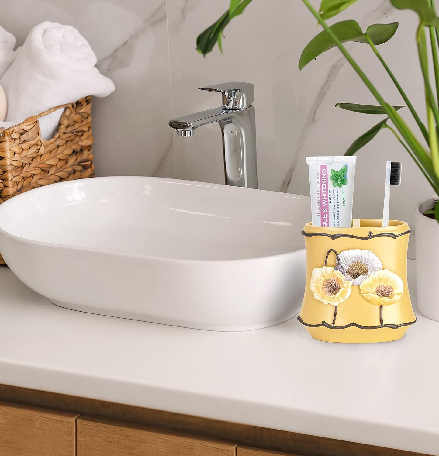 Zahari Home 4pc Poppy Fields Yellow Bathroom Accessories Set Hand Soap Dispenser, Tumbler, Tooth Brush Holder and Soap Dish Modern Contemporary Decor Complete Bathroom Sets with Shower Curtains