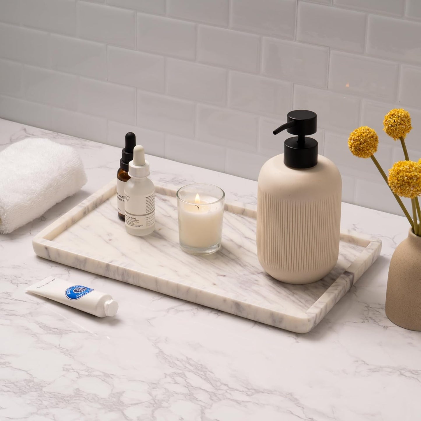 Cork & Mill Marble Tray for Bathroom Countertop, Kitchen Counter, or Catchall - 13" x 7½" Large Vanity Tray for Skincare or Perfume - Handcrafted Natural White Marble Stone Organizer