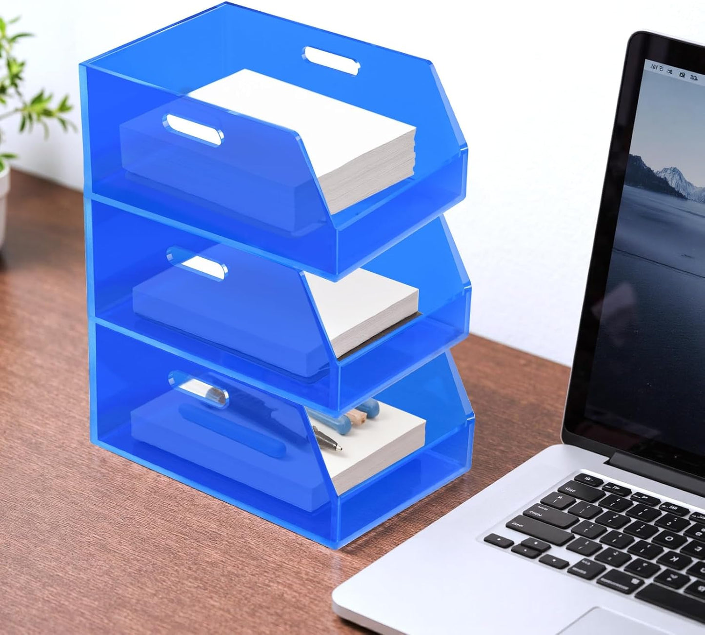 Gelite Stackable Large Storage Bin Organizer with Handles Acrylic Storage Container for Toy Pantry Kitchen Cabinet Bathroom Closet Office Organization, 15.4x11.4x6.7'', Navy Blue