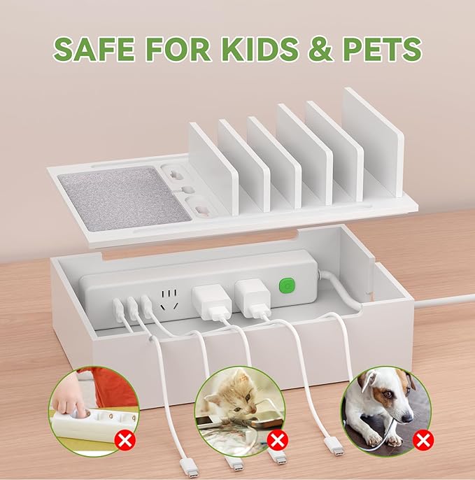 Pezin & Hulin Bamboo Charging Station, Electronic Devices Organizer for Multiple Devices Charger Such As Cell Phone, Tablet, Watch and More, White, (No USB Charger and Cables