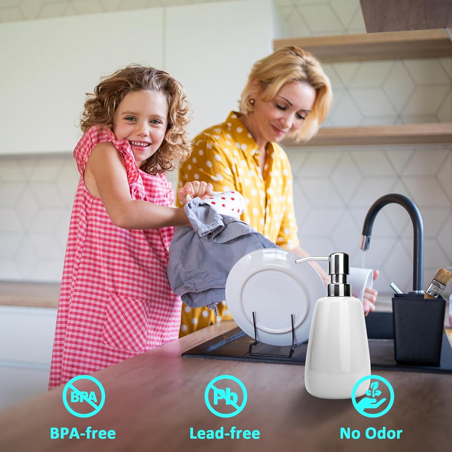 Hand Soap Dispenser Ceramics Bottles with Stainless Steel Pump Bathroom Empty Shampoo Bottles 10oz/300ml 2.76 inches Tall and 1.18 inches Wide