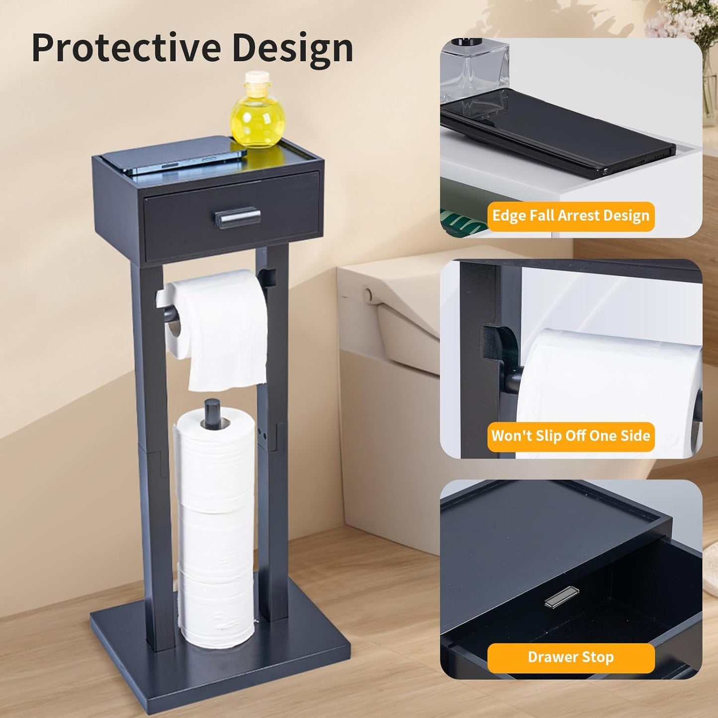 Freestanding Toilet Paper Holder Stand with Shelf, Matte Black Wooden Toilet Paper Roll Holder with Wet Wipes Storage Drawer,Bathroom