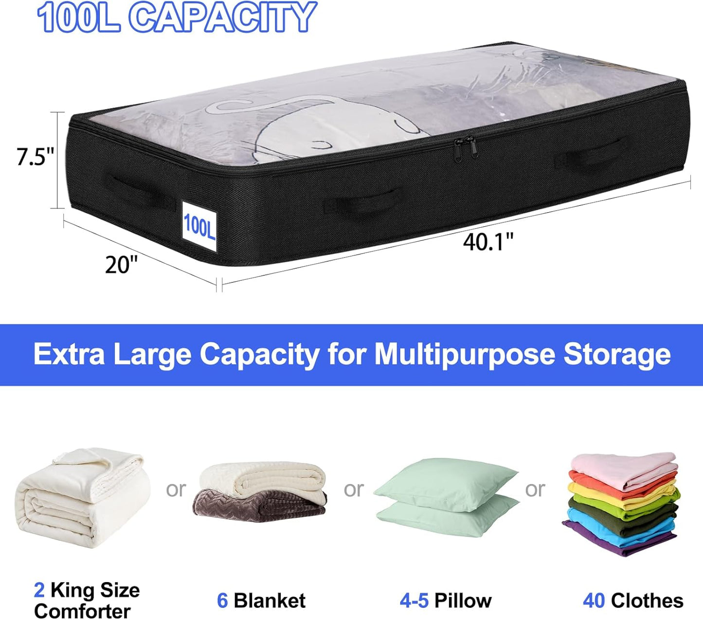 punemi 100L Jumbo Under Bed Storage Containers (No Support) - 6-Pack Foldable Bins, 7.5in Tall Underbed Clothing Storage for Blankets, Comforters, Sweaters & Linen Sheets - Soft-Sided, Black