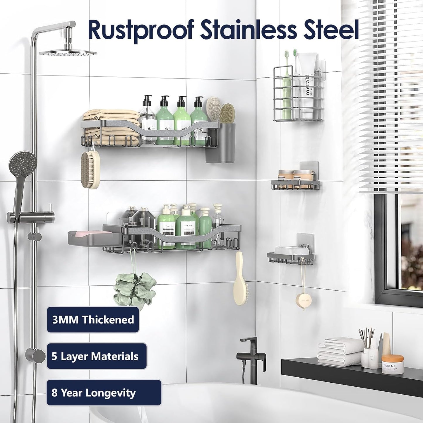 Shower Caddy Adhesive Shower Organizer 7-Pack, Rustproof Stainless Steel Bathroom Shelves, Large Capacity No-Drill Rack Storage Accessories with Soap Dish Toothbrush Holder Hooks (Gray)