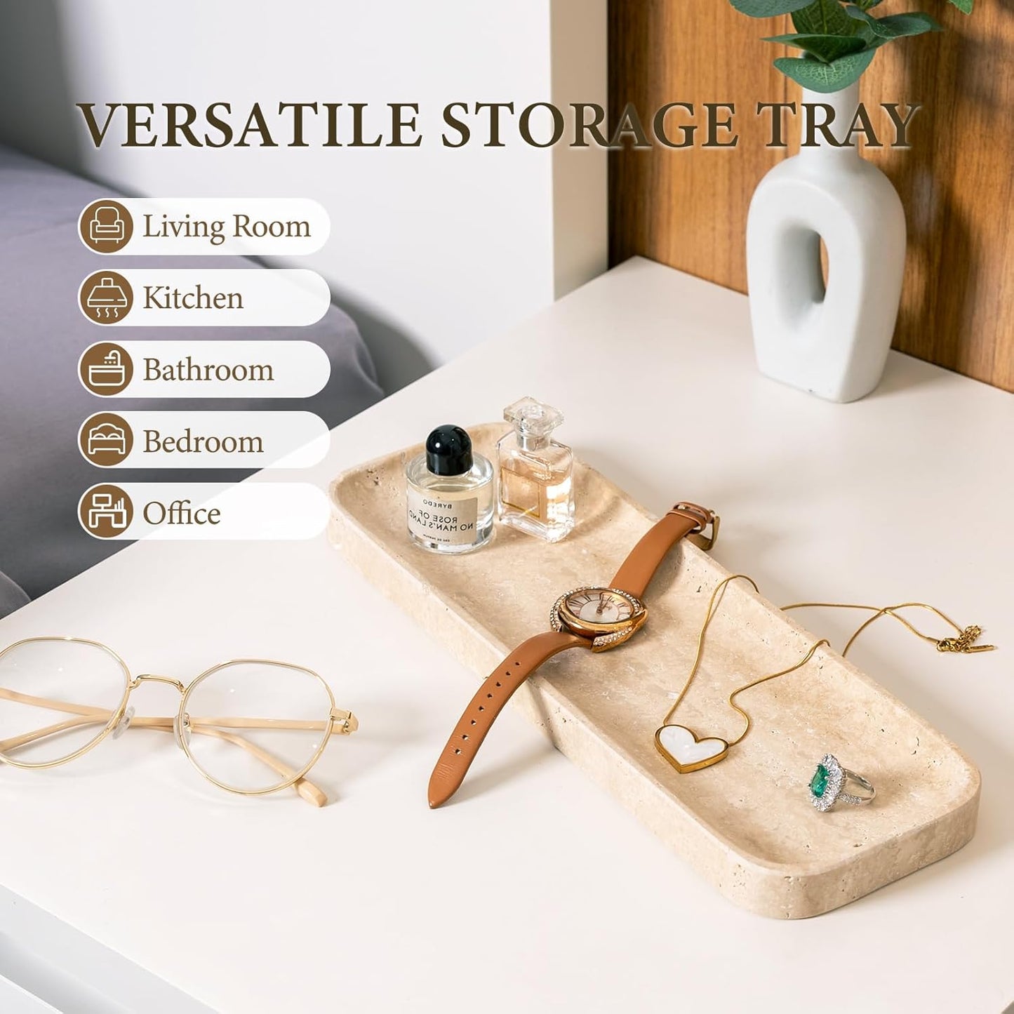 Koville Travertine Tray for Bathroom Sink, 12"x4" Natural Stone Vanity Tray for Kitchen Dresser Countertop, Rectangular Decorative Marble Tray for Jewelry Perfume Trinket(Beige)