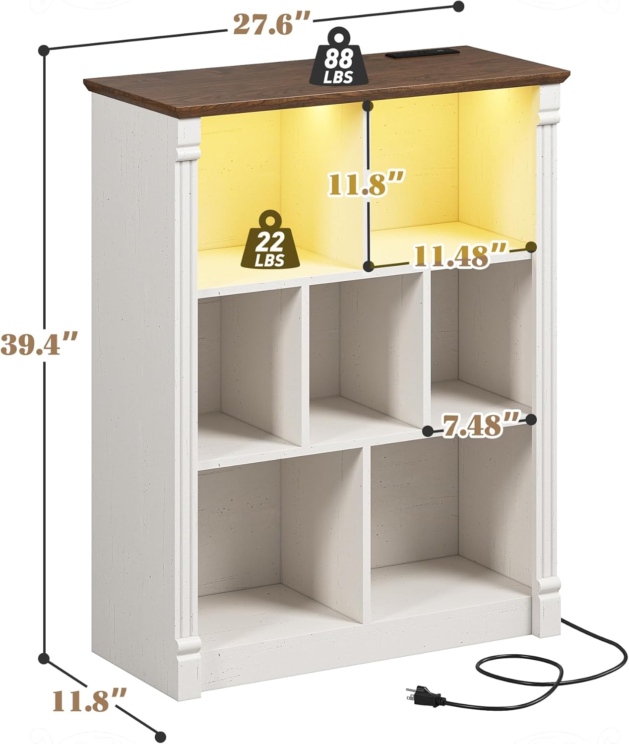 EnHomee 7 Cube Storage Organizer with LED Light and Charging Station Wood Cube Shelf White Bookshelf for Bedroom Living Room,Office,White