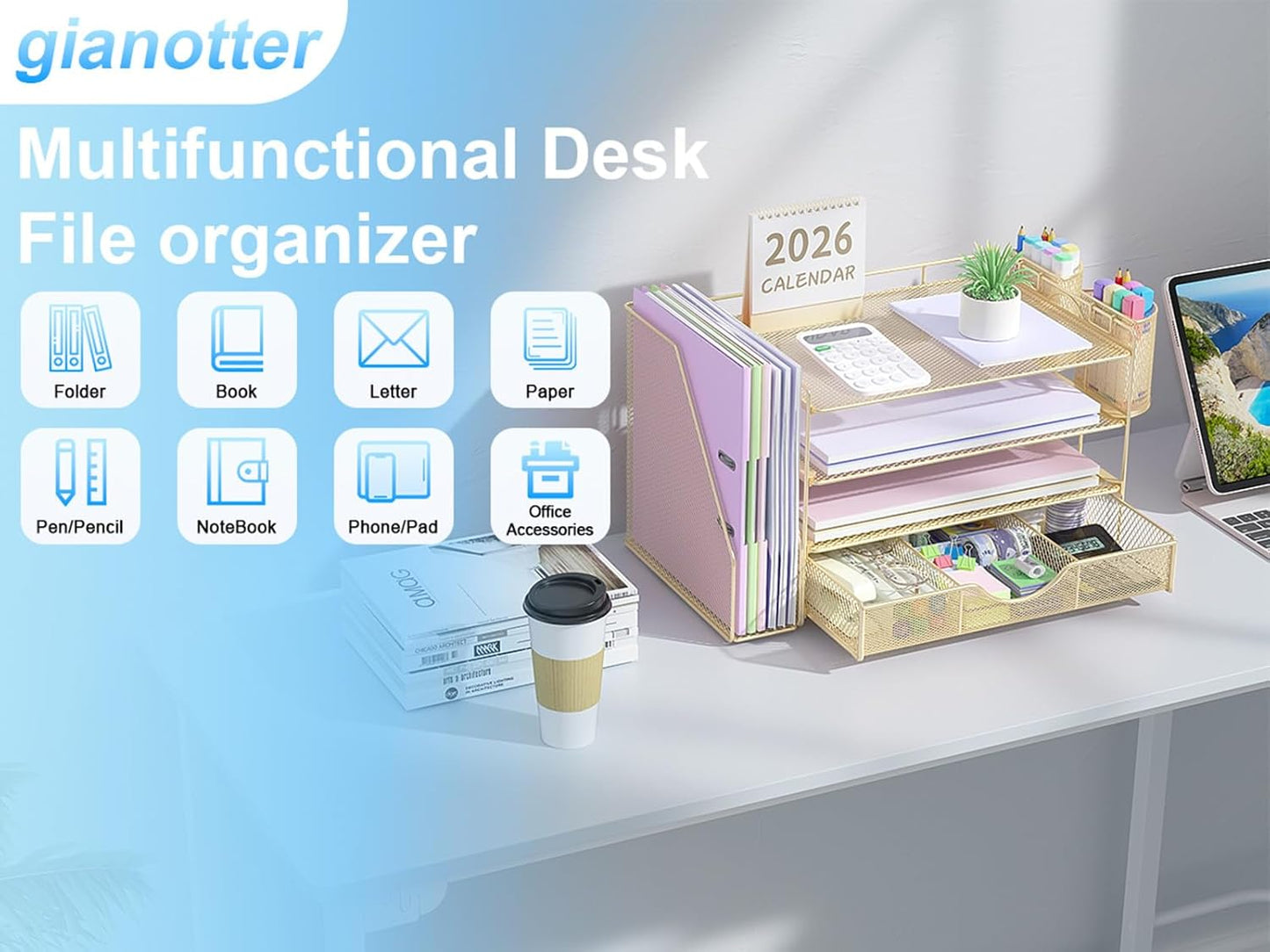 gianotter Desk Organizers and Accessories with File Holder, 4-Tier Desk Accessories & Workspace Organizers with Drawer and 2 Pen Holder, Paper Organizer for Office Supplies(Gold)