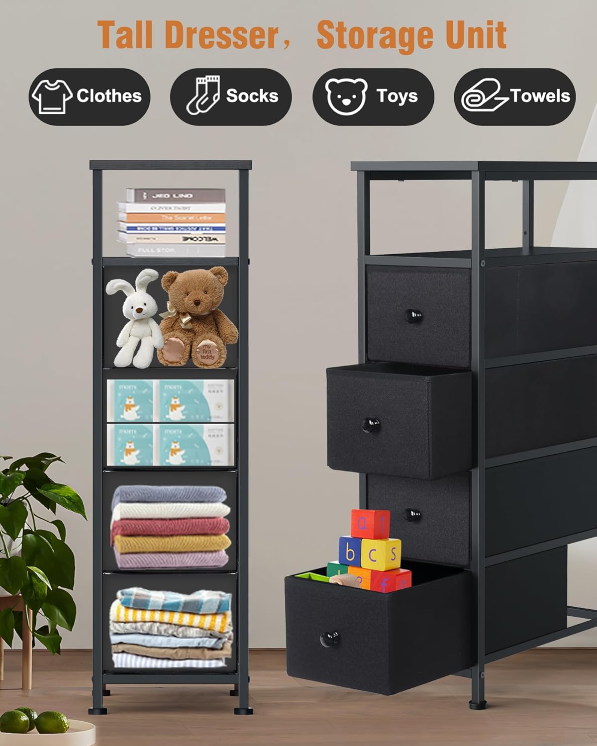 Narrow Dresser for Bedroom, Fabric Tall Dresser & Chests of Drawers with 4 Drawers, Vertical Organizer Storage Tower Unit for Bedroom, Hallway, Entryway Balck